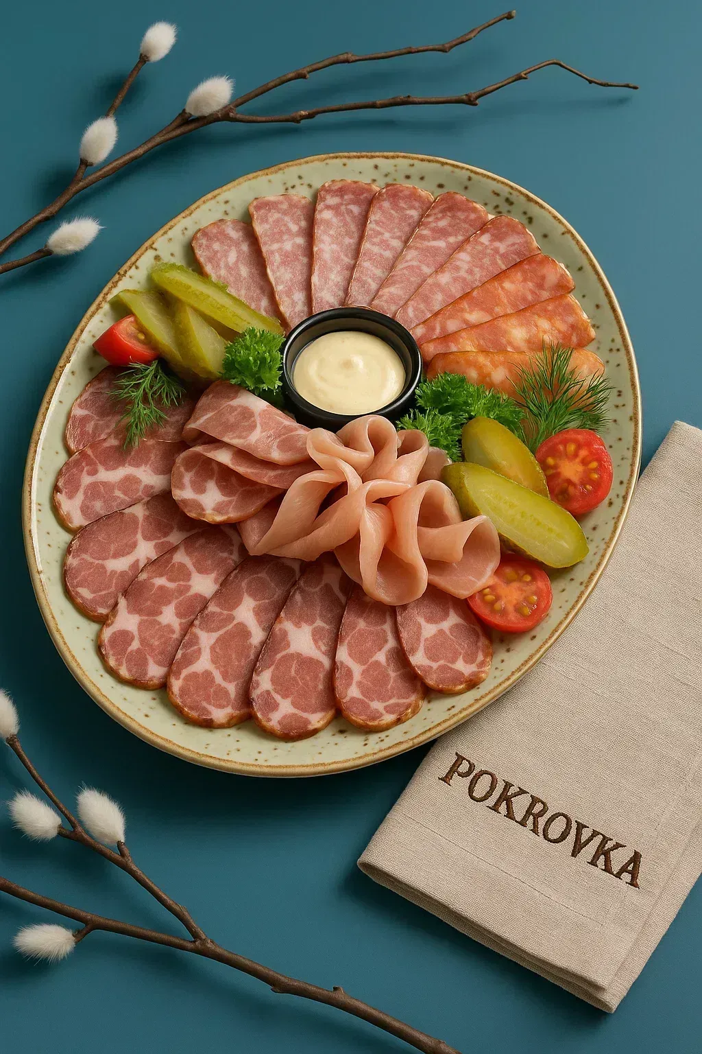 Кейтеринг Покровка: Мясная нарезка с салями и сыровяленой шейкой — классические мясные закуски на фуршет в Нижнем Новгороде